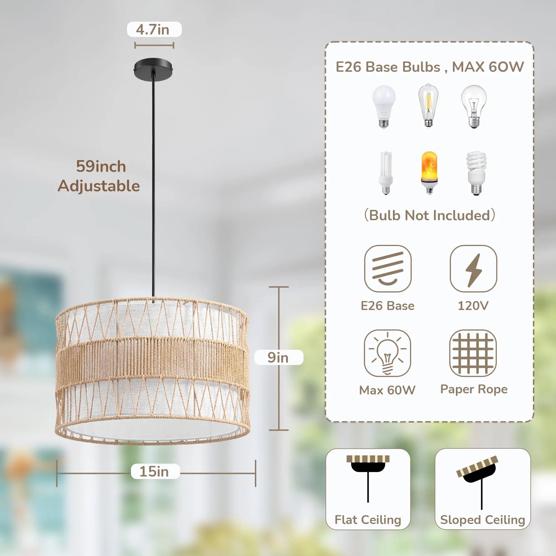 Natural Paper Rope Fabric Pendant Light  (16")