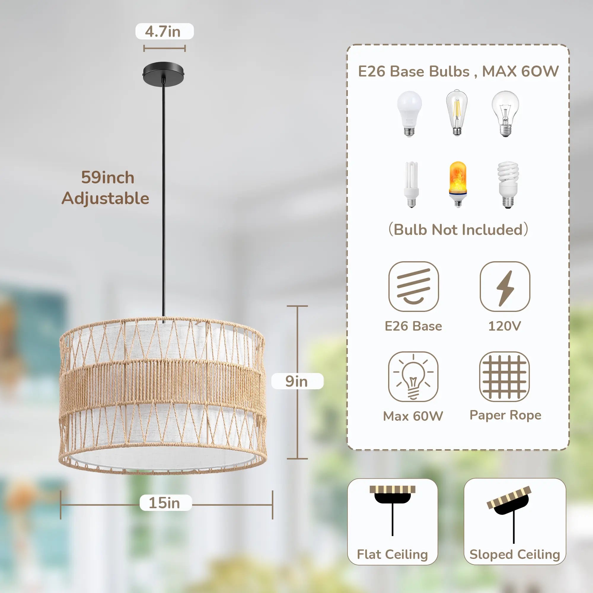 Natural Paper Rope Fabric Pendant Light  (16")