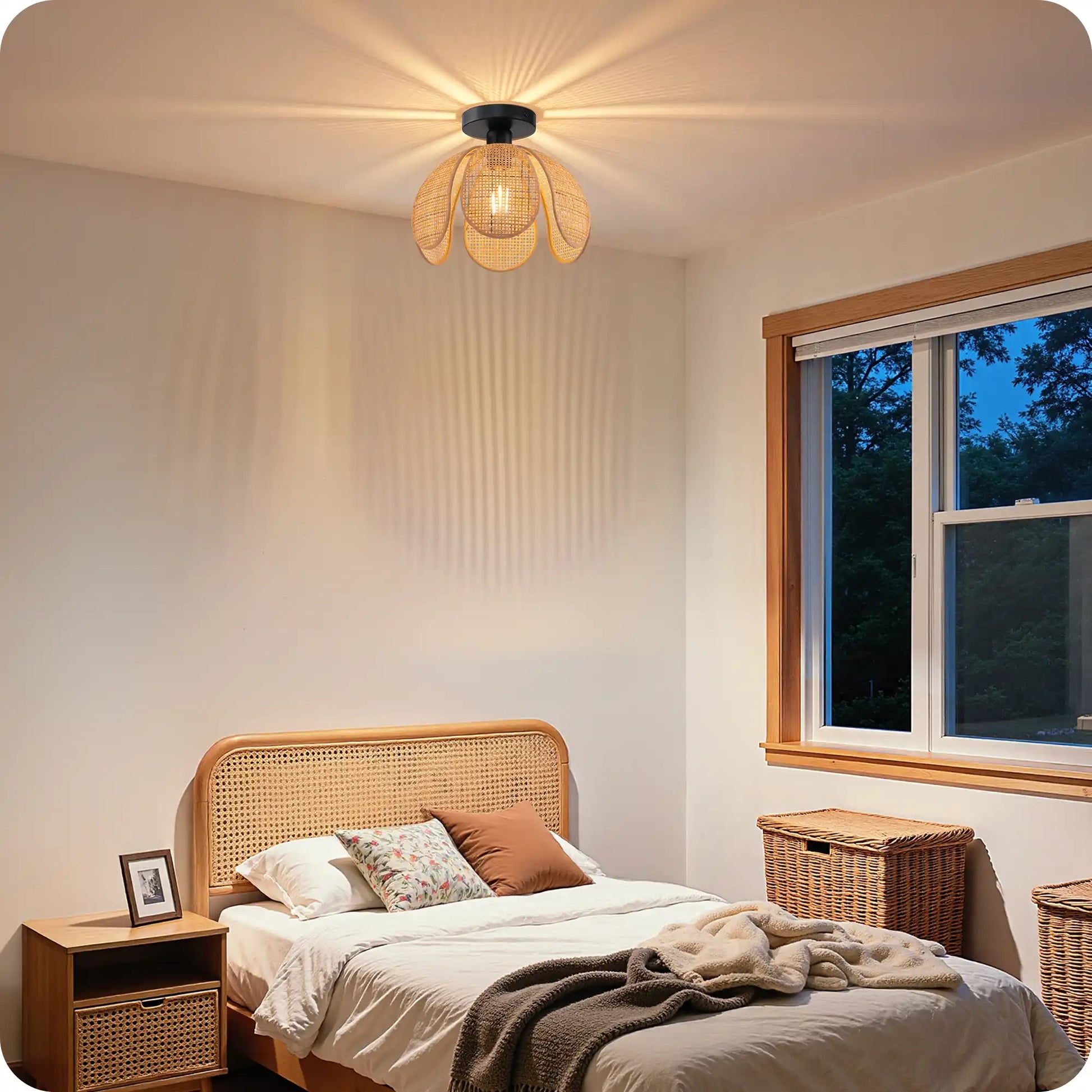 Six-petaled Woven Rattan Semi Flush Mount (12”)