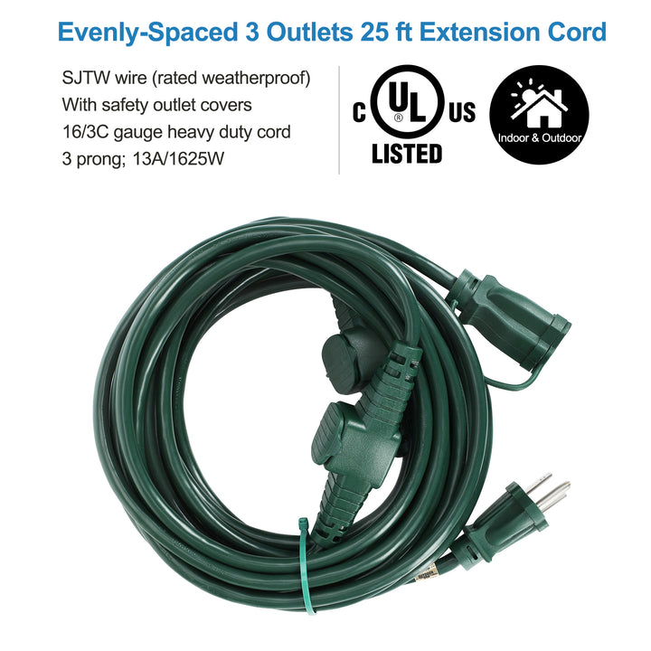 DEWENWILS 25ft Outdoor Extension Cord, Evenly Spaced 3 Outlets Plugs with Safety Cover, 16/3 SJTW Weatherproof Wire