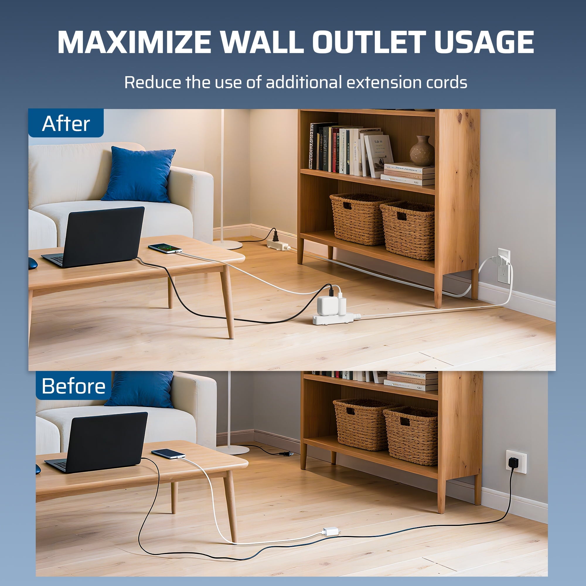 DEWENWILS 10ft (5+5) Twin Extension Cord for Indoor 3 Prong 16/3 AWG Power Strip, SPT-3 5ft Each Side with 3 Outlets