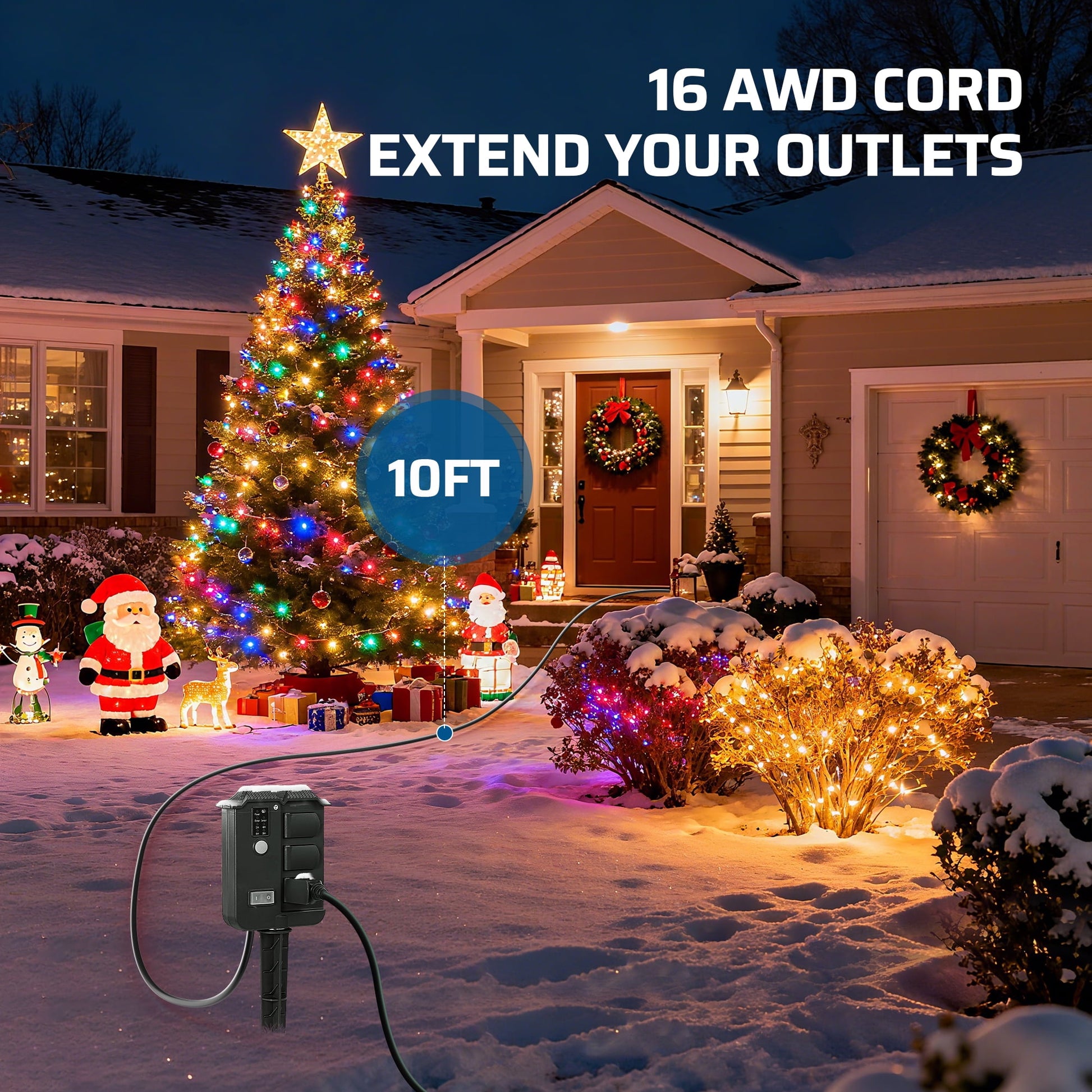 Outdoor Power Stake With Timer: Equipped with a 10ft 16AWG heavy-duty extension cord to provide extra reach and reliably extend your outdoor power outlets.