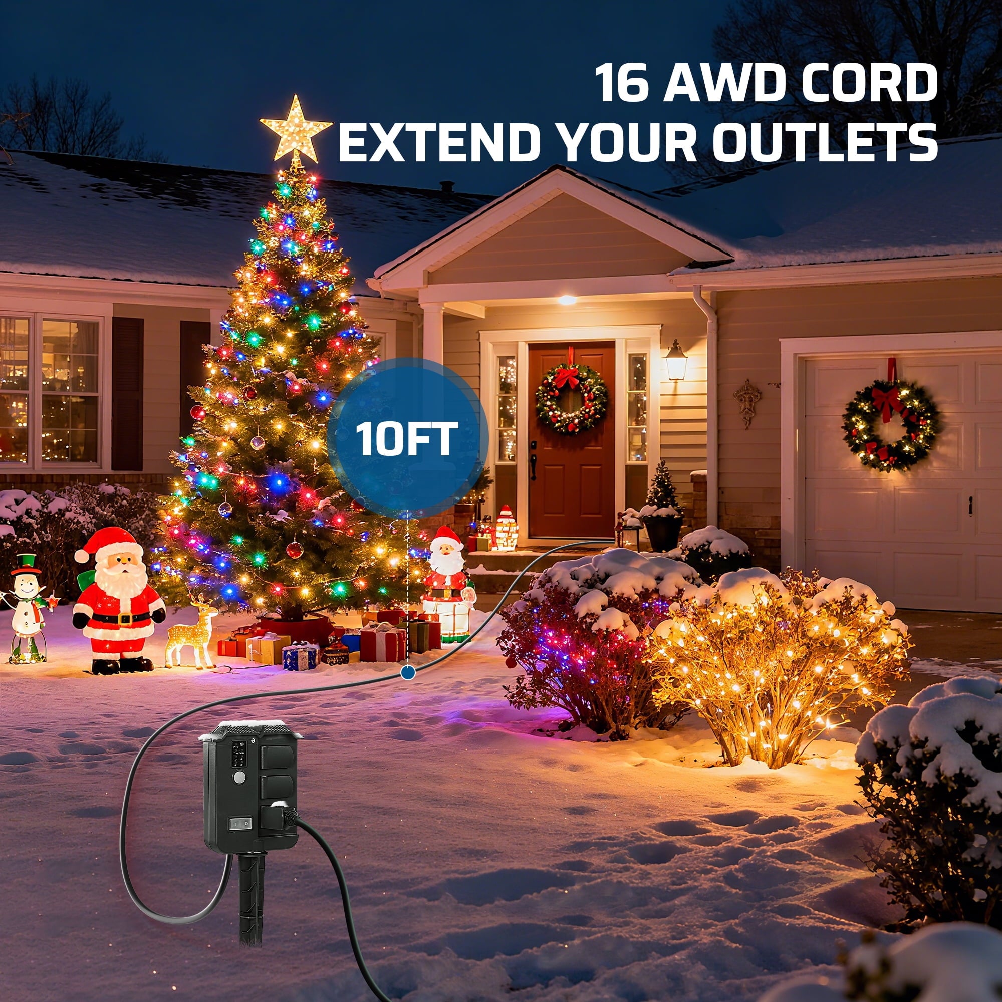 Outdoor Power Stake With Timer: Equipped with a 10ft 16AWG heavy-duty extension cord to provide extra reach and reliably extend your outdoor power outlets.