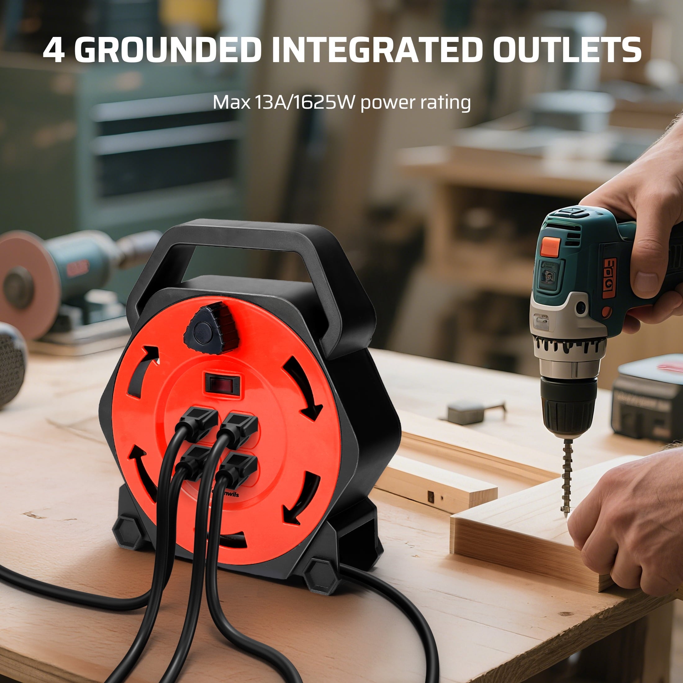 DEWENWILS Extension Cord Reel with 25 FT Power Cord, Hand Wind Retractable, 16/3 AWG SJTW, 4 Grounded Outlets, 13 Amp Circuit Breaker,Black and Red, UL Listed