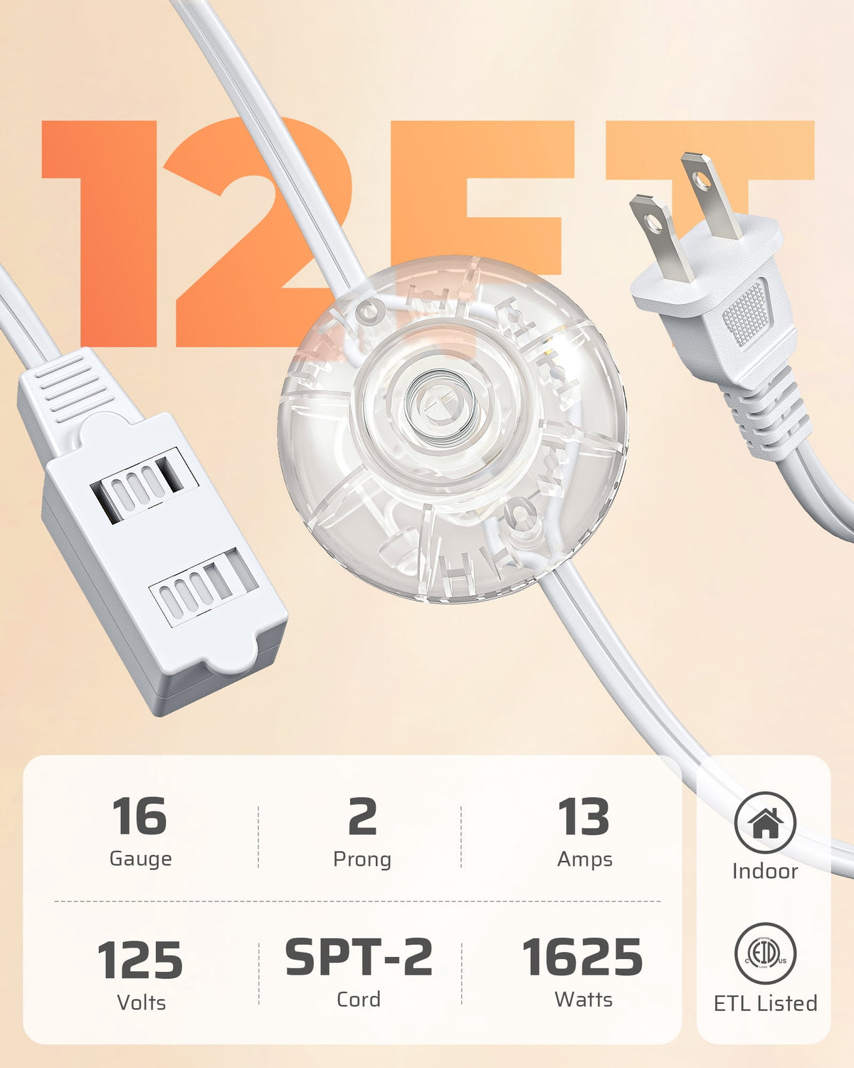 DEWENWILS 12 FT Extension Cord with Foot Switch, 2-Prong 3 Outlets, 16AWG/2C for Indoor Use, 13A/1625W Extension Cord Splitter with Lights, White