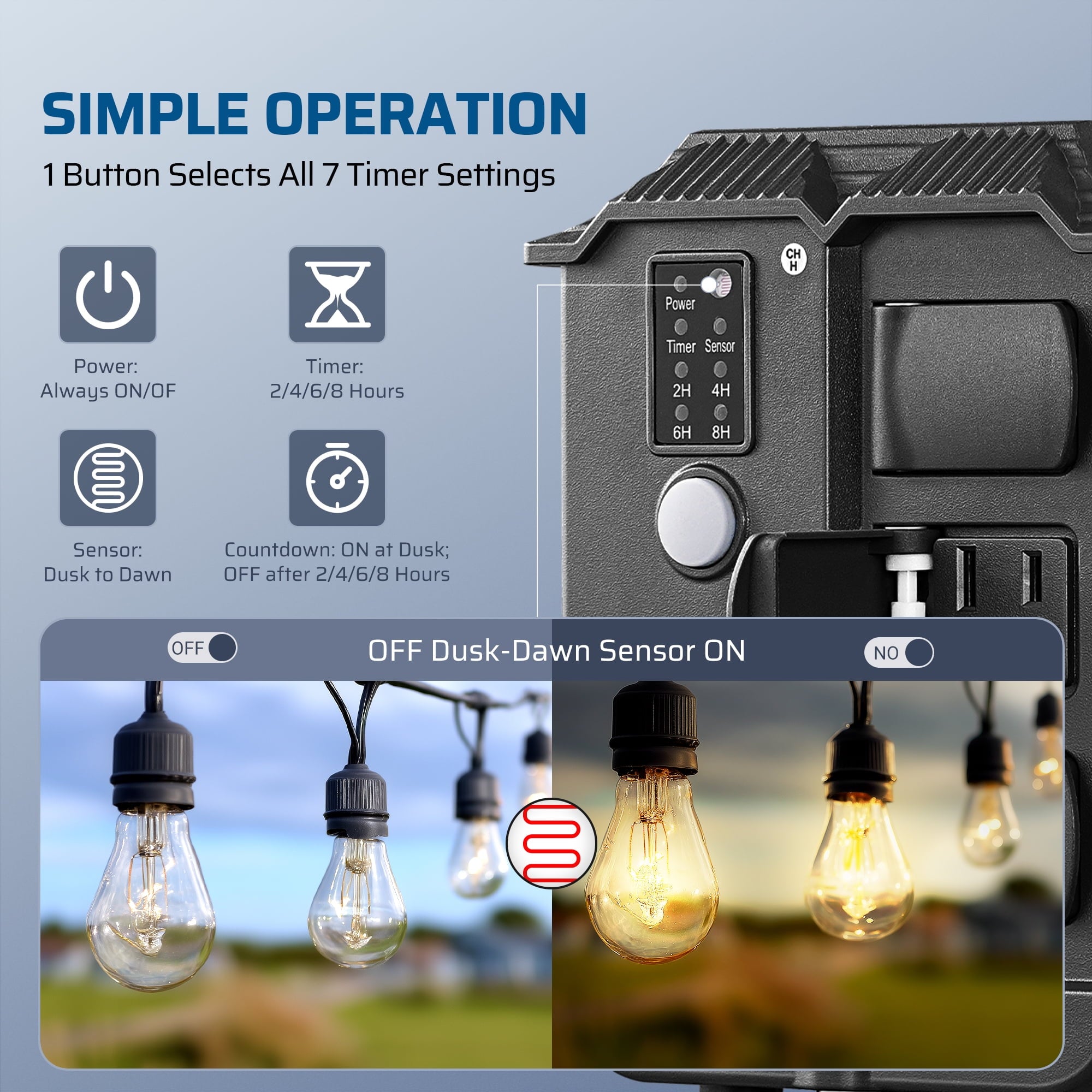 Outdoor Power Stake With Timer: Features a simple one-button control to easily select between 7 settings, including dusk-to-dawn, countdown, and always ON/OFF modes.