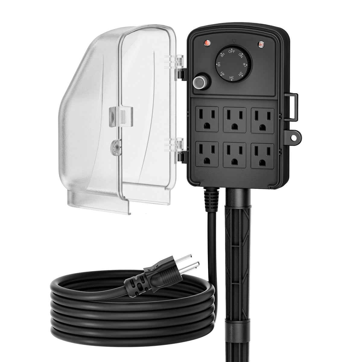 DEWENWILS Outdoor Power Stake Timer, Dusk to Dawn, 6 Grounded Outlets, 15A Mechanical Knob Control, 6FT Extension Cord, Waterproof Safety Cover, Power Strip with Timer for Outdoor Lights, Pool Pump