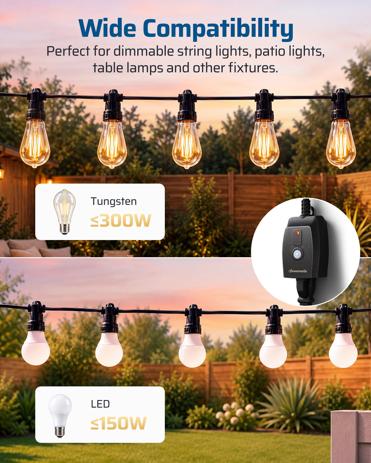 DEWENWILS Outdoor Dimmer Switch for Lights with 100ft Range Stepless Slide Switch Remote Control Dimming Plug