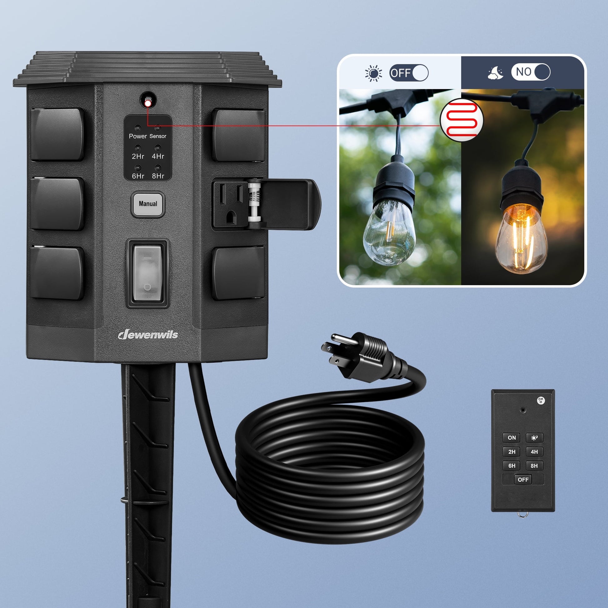 DEWENWILS Outdoor Power Stake Timer with Photocell Sensor, 6FT Extension Cord & 6 Grounded Outlets, Waterproof Outdoor Timer, Photocell Stake Timer for for Lights, Yard, Garden, UL Listed