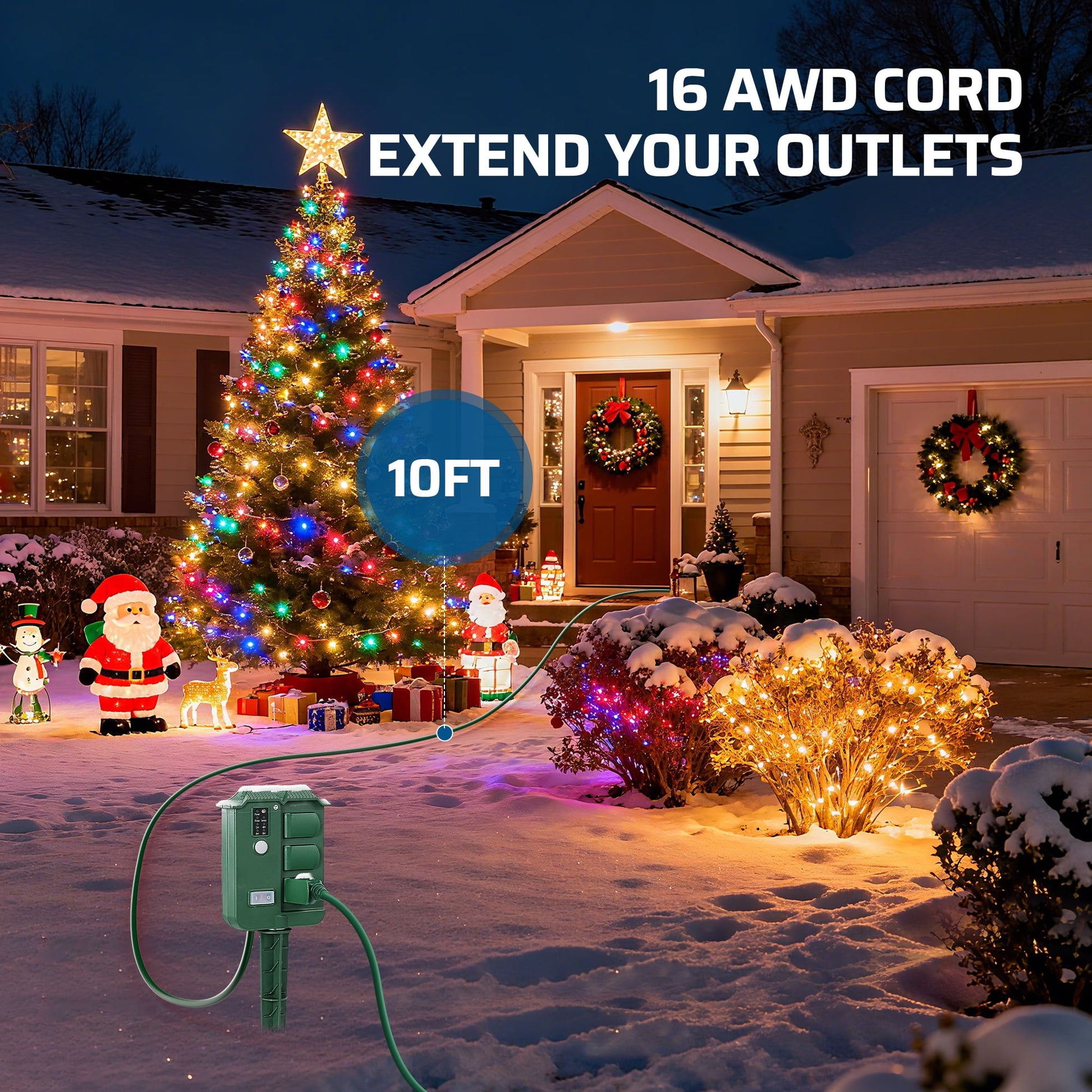 Outdoor Power Stake With Timer: Equipped with a 16AWG heavy-duty extension cord to safely extend your outlets and provide reliable power for multiple outdoor devices.