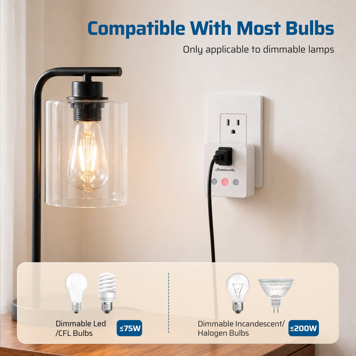 DEWENWILS Dimmer Light Slide Switch Remote Control Plug 100 FT Stepless Dimming Switch for Dimmable LED/Tungsten Bulbs