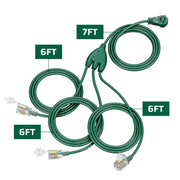 DEWENWILS Outdoor Extension Cord 25FT(6+6+6+7) 360° Rotatable Flat Plug, 3 Multi Outlets with Indicator Lights, Green 13A 1625W SJTW 16/3 Gauge