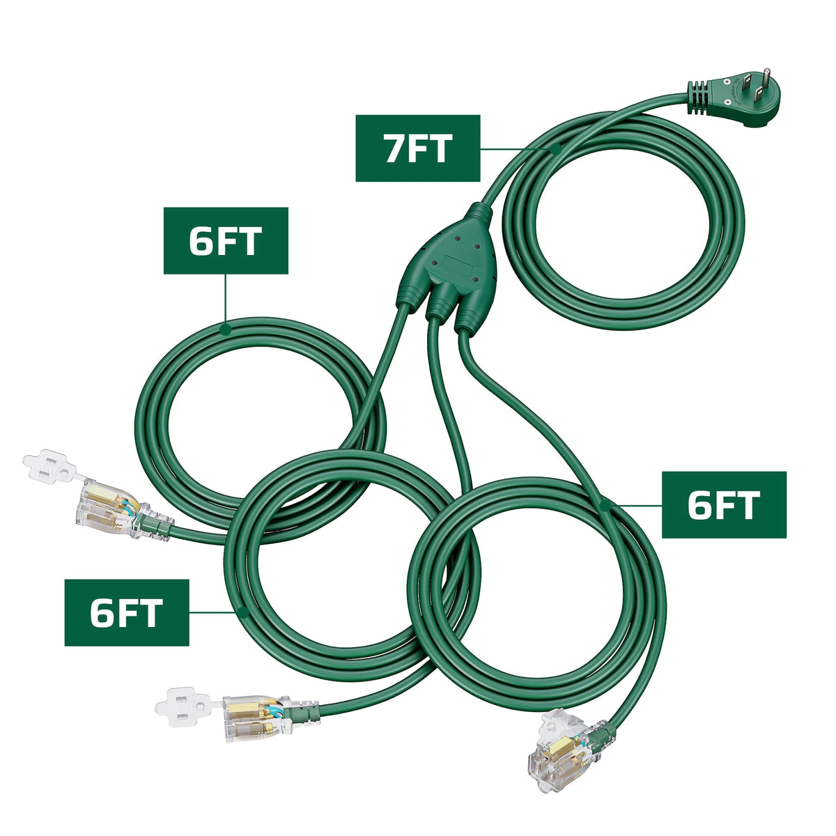 DEWENWILS Outdoor Extension Cord 25FT(6+6+6+7) 360° Rotatable Flat Plug, 3 Multi Outlets with Indicator Lights, Green 13A 1625W SJTW 16/3 Gauge