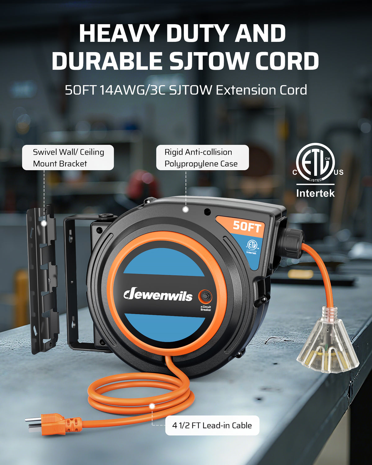 DEWENWILS 14/3 AWG SJTOW Red Automatic Retractable Extension Cord Reel with Overload Protection & Illuminated End - 50ft Output, ETL Certified