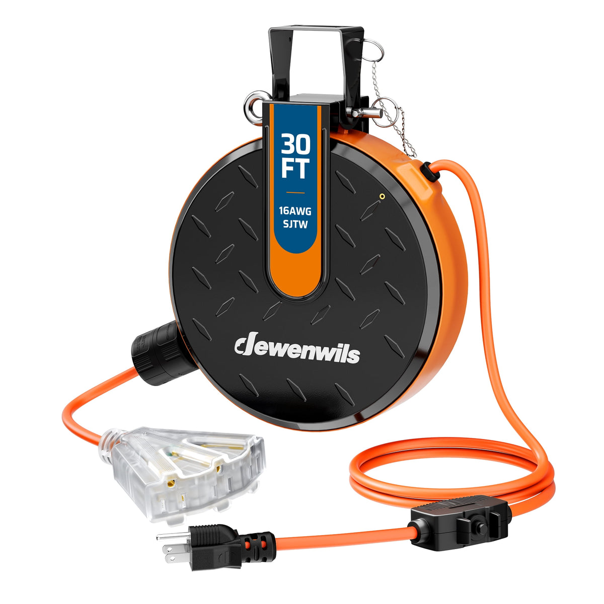 DEWENWILS 30ft Heavy Duty Outdoor Extension Cord with Timer, 16AWG SJTW, 125V 10A 1250W, 8-Outlet Power Strip with 6-Face Orange Plug, ETL Listed