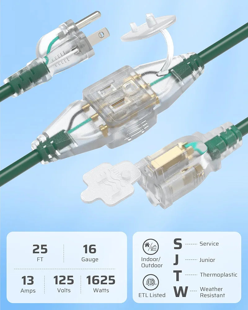 DEWENWILS 25FT Outdoor Extension Cord, 3 Outlets Plug with Indicator Lights
