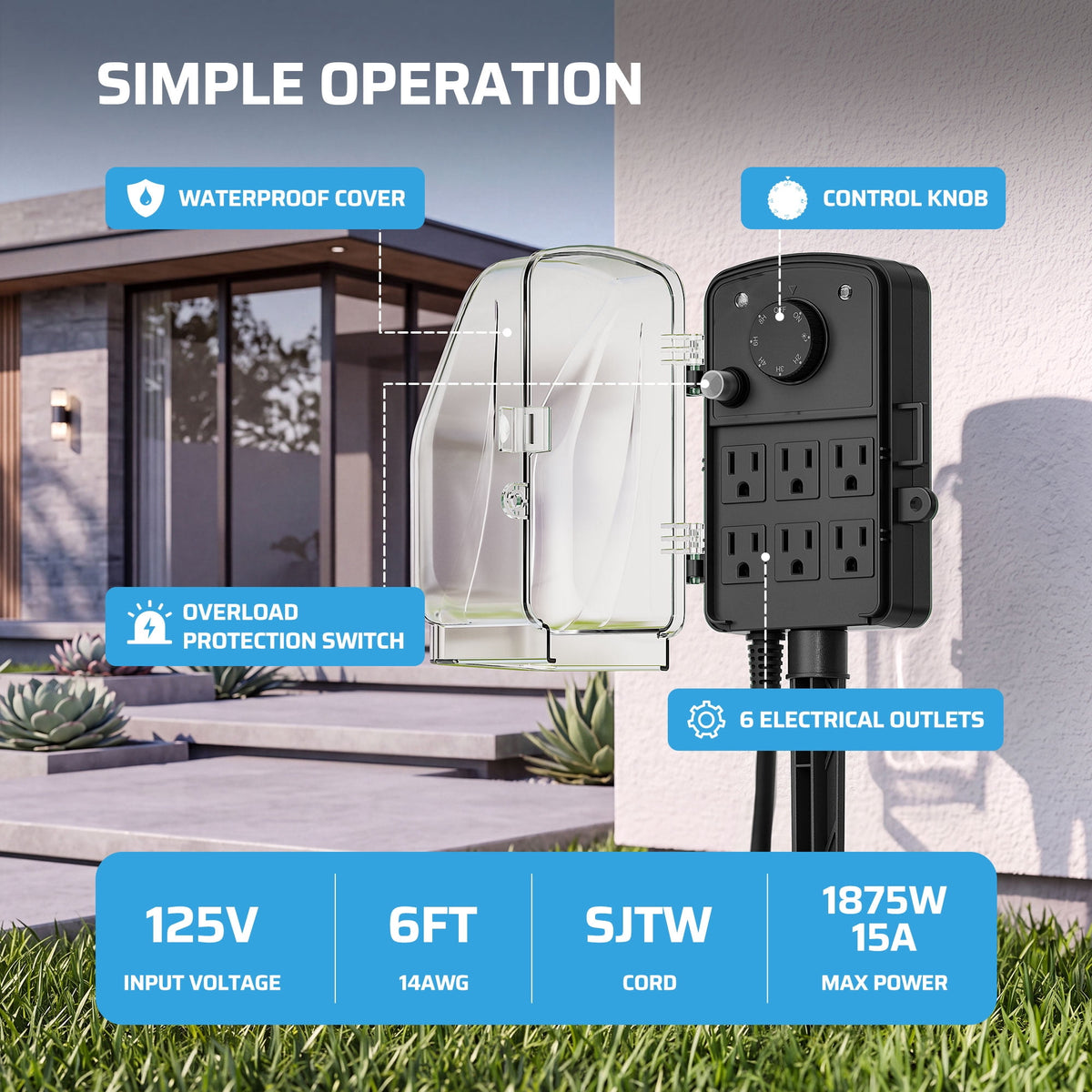 DEWENWILS Outdoor Power Stake Timer, Dusk to Dawn, 6 Grounded Outlets, 15A Mechanical Knob Control, 6FT Extension Cord, Waterproof Safety Cover, Power Strip with Timer for Outdoor Lights, Pool Pump