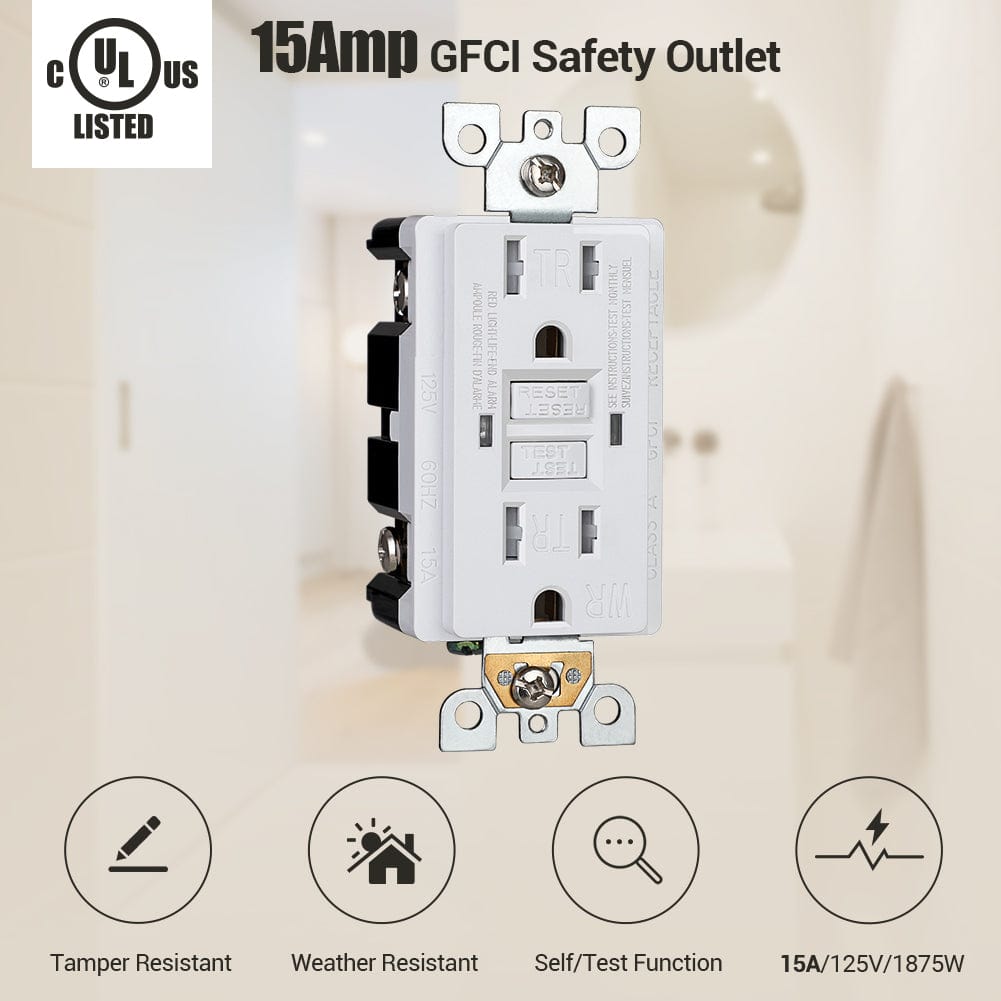 15AMP GFCI Outlet: Tamper-resistant and weather-resistant design with self-test function, rated 15A/125V/1875W for reliable protection