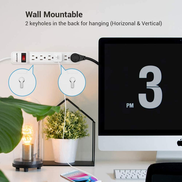 DEWENWILS 6-Outlet Surge Protector Power Strip with 10ft Long Extension Cord, Low Profile Flat Plug, 500 J, White