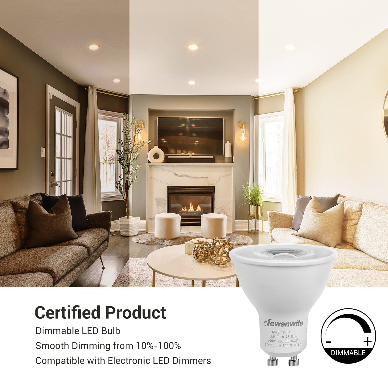 DEWENWILS Warm White Light GU10 LED Dimmable Bulb, 500LM, 3000K Track Light Bulb, 7W(50W Equivalent) Two Prong Light Bulb for Kitchen Range Hood, Living Room, Bathroom, Bedroom (6 Pack)-HDGU10E