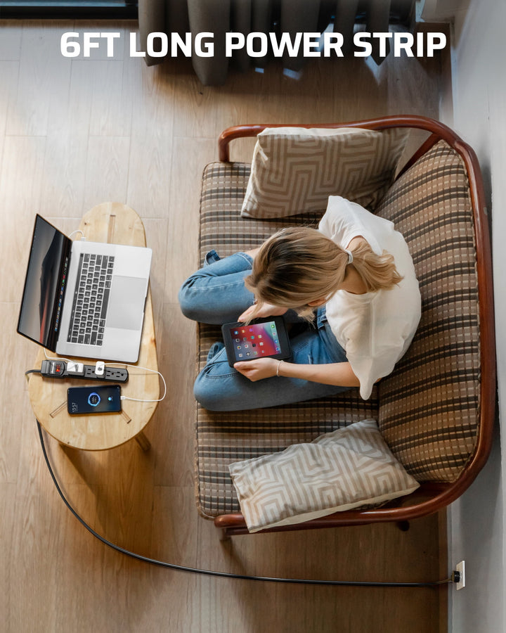 DEWENWILS 2Pack 15A 125V 800J Surge Protector Power Strips 6ft Heavy Duty SJT Cord, 360° Flat Plug, ETL Certified, Black