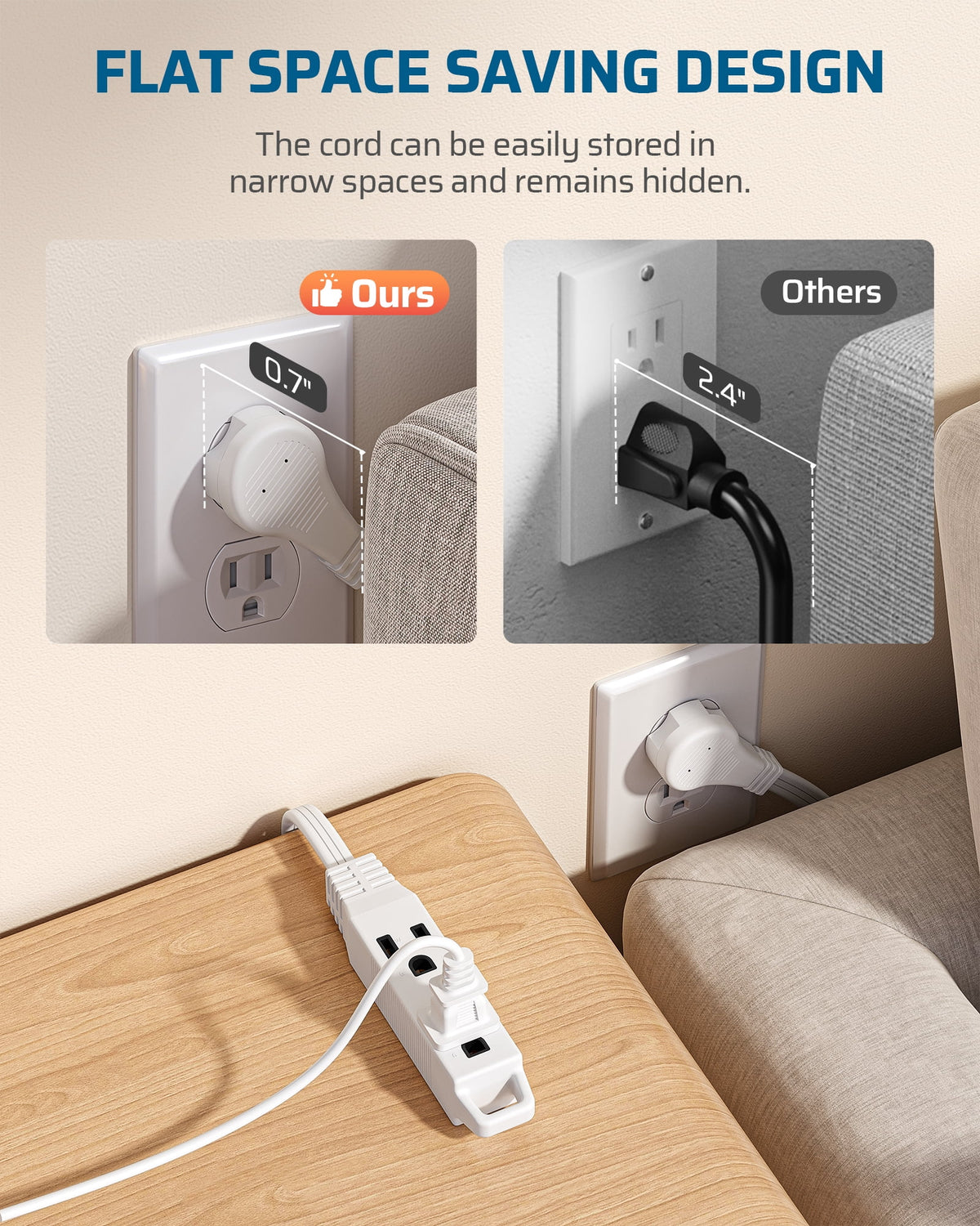 DEWENWILS 6 FT Extension Cords for Indoor Flat Plug with Hanging Hole 3 Grounded Outlets