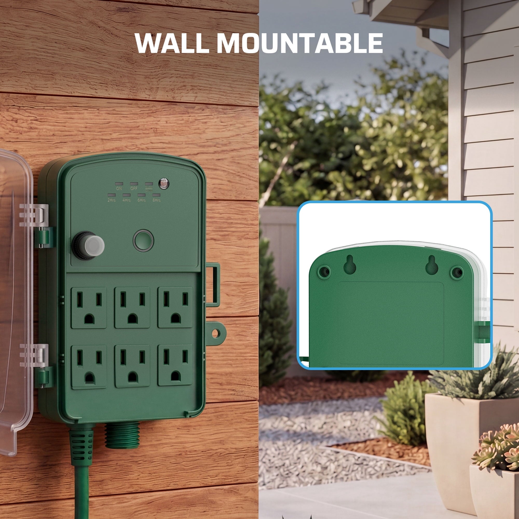 DEWENWILS 50FT Outdoor Power Stake Timer with 6 Outlets, 125VAC 15A, Light Sensor & Overload Protection, 4 Modes (Always On/Off/Photocell/Timer), Weatherproof, Green
