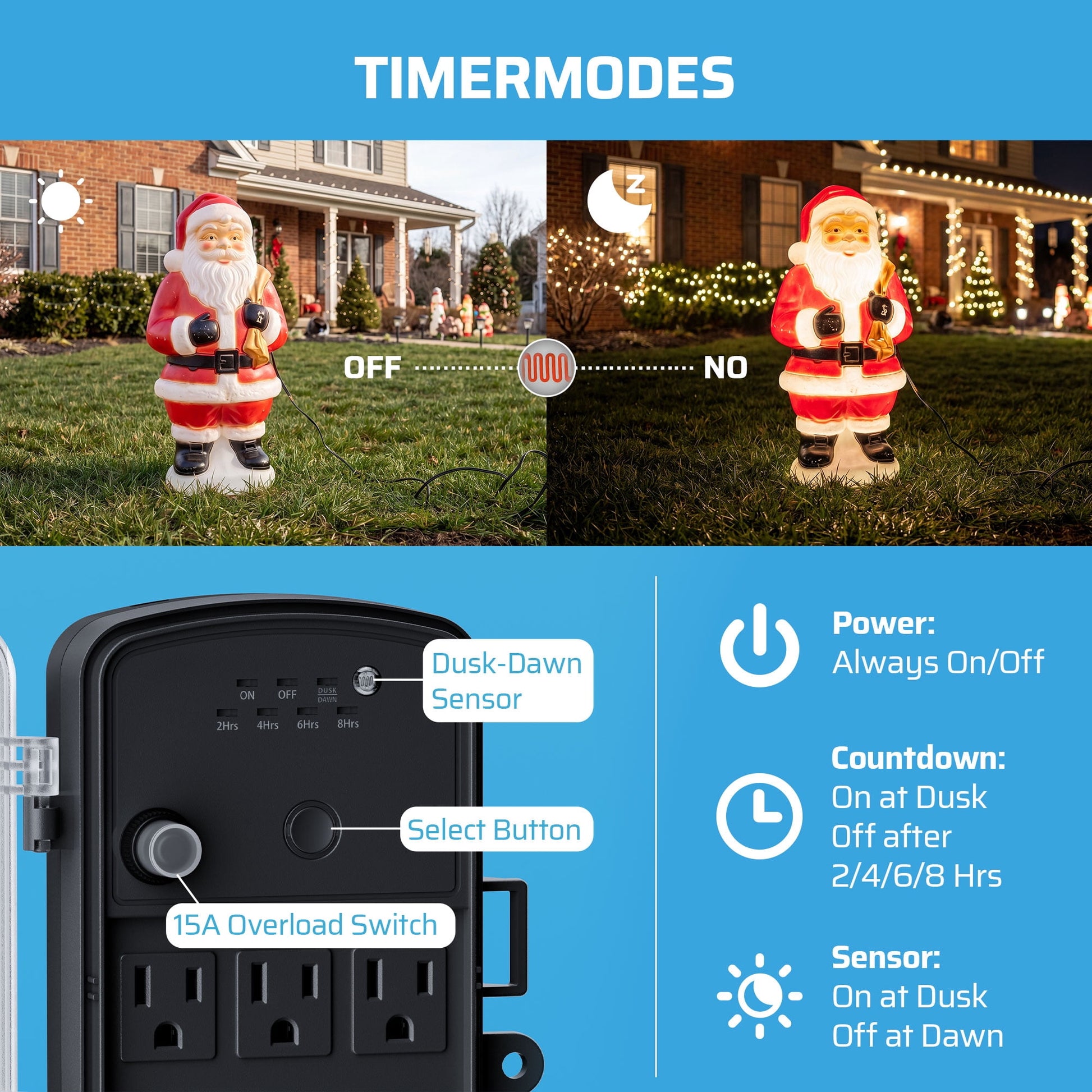 DEWENWILS 50FT Outdoor Power Stake Timer with 6 Outlets, 125VAC 15A, Light Sensor & Overload Protection, 4 Modes (Always On/Off/Photocell/Timer), Weatherproof, Black