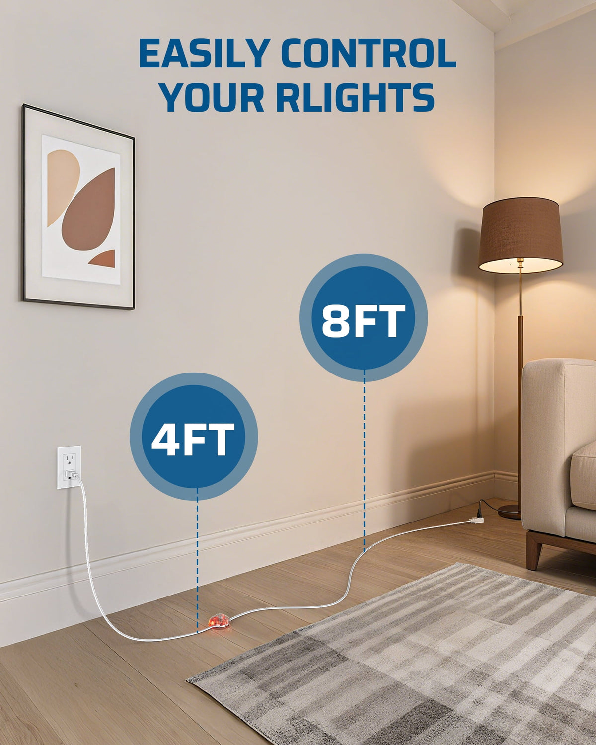 DEWENWILS 12 FT Extension Cord with Foot Switch, 2-Prong 3 Outlets, 16AWG/2C for Indoor Use, 13A/1625W Extension Cord Splitter with Lights, White