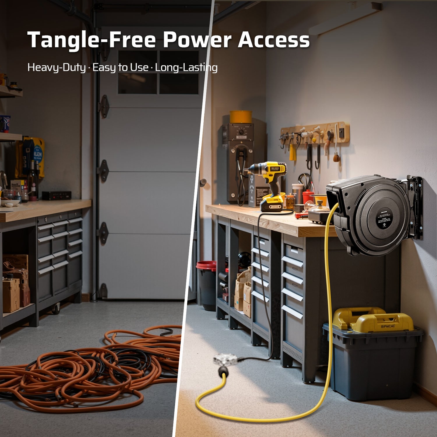 Comparison of a cluttered garage with tangled hoses and a organized workshop with a power reel.