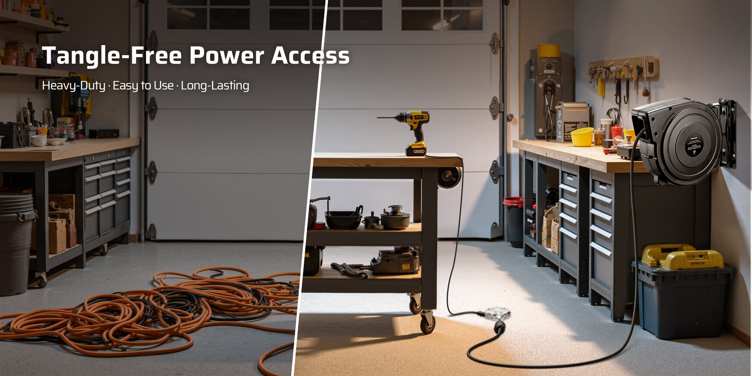 Workshop with organized power tools and cable management system.