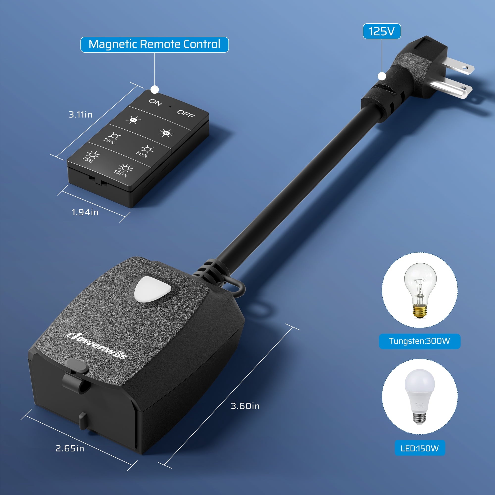 DEWENWILS Dimmer Switch for Light Lamp Outdoor Dimmer Plug Remote Control