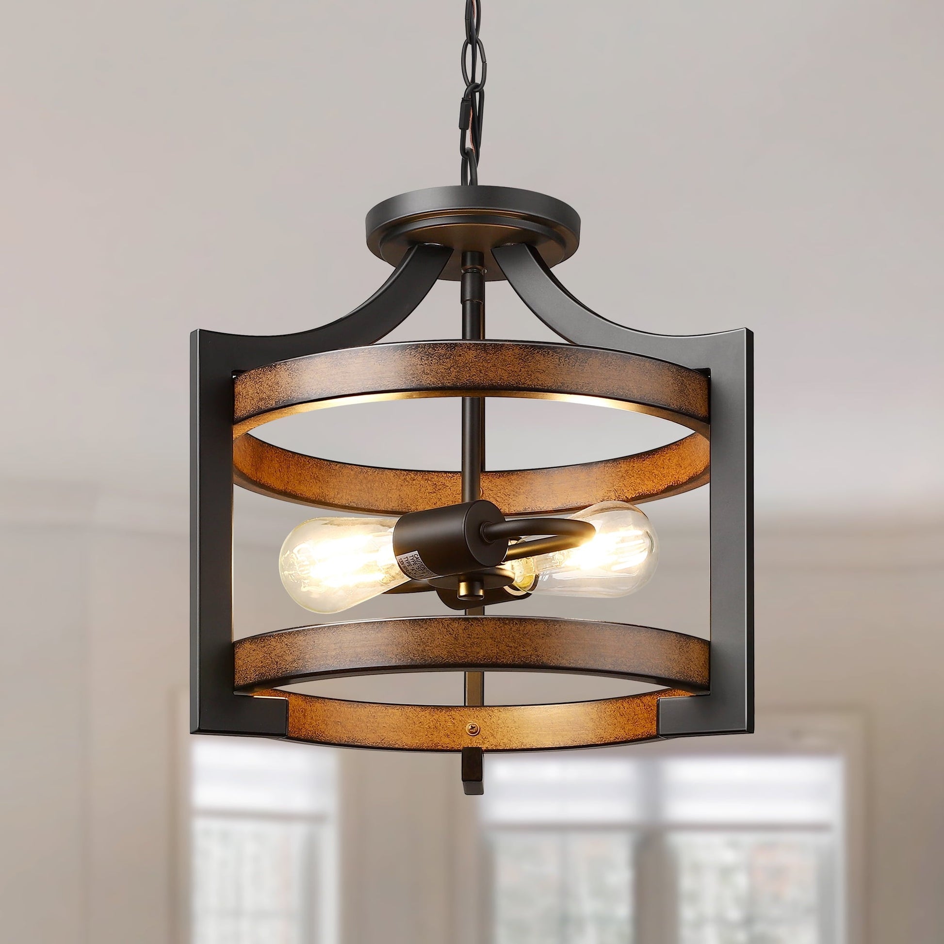 EDISHINE Ceiling Pendant Light, Farmhouse Ceiling Light Fixture, Metal Wood Grain Finish, 2-Light Pendant Light Fixtures for Hallway, Entryway, Foyer, Dining Room