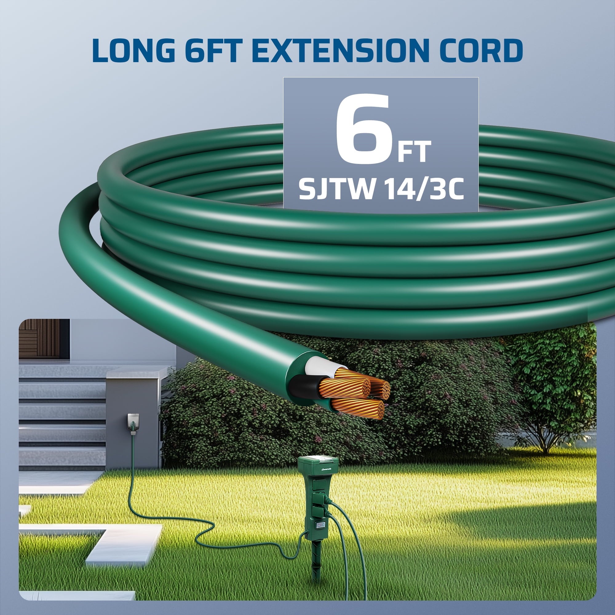 Outdoor Power Stake With Timer: Includes a 6ft 14/3C SJTW heavy-duty extension cord for reliable reach and durable outdoor power distribution.