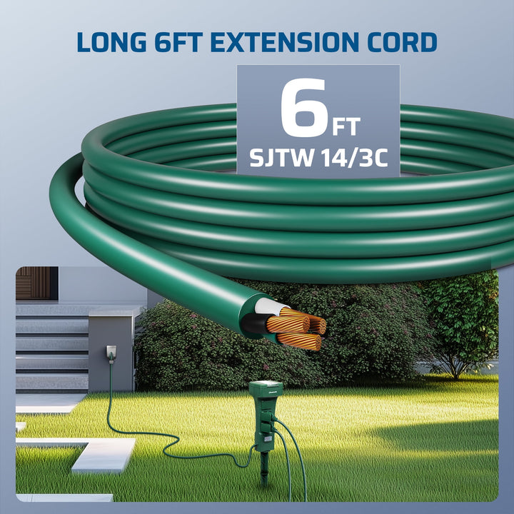 DEWENWILS Outdoor Power Stake Timer with Photocell, 6 Grounded Outlets, 6FT Extension Cord, Dusk to Dawn Timer for Christmas Lights, Halloween Decoration, Garden Lights