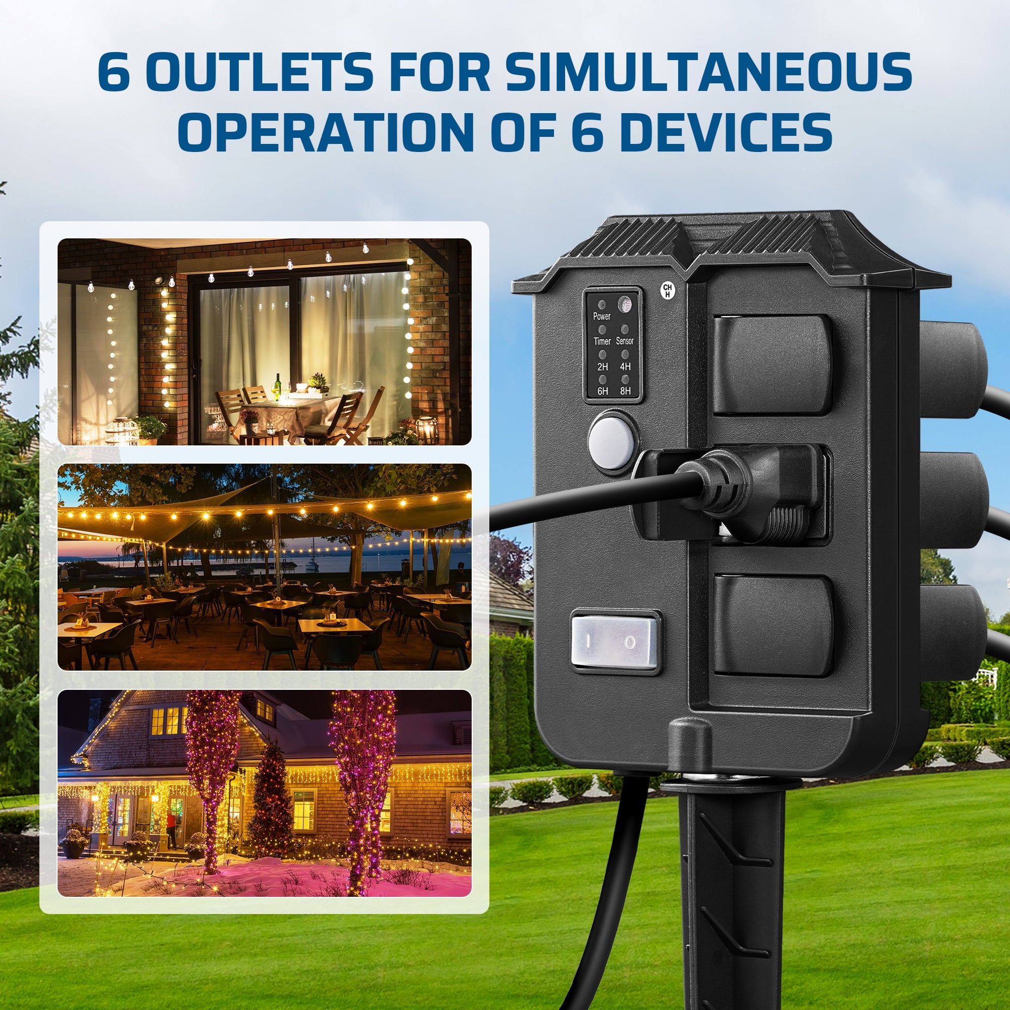 Outdoor Power Stake With Timer: Features 6 grounded outlets to allow for the simultaneous operation of up to 6 devices from a single power source.