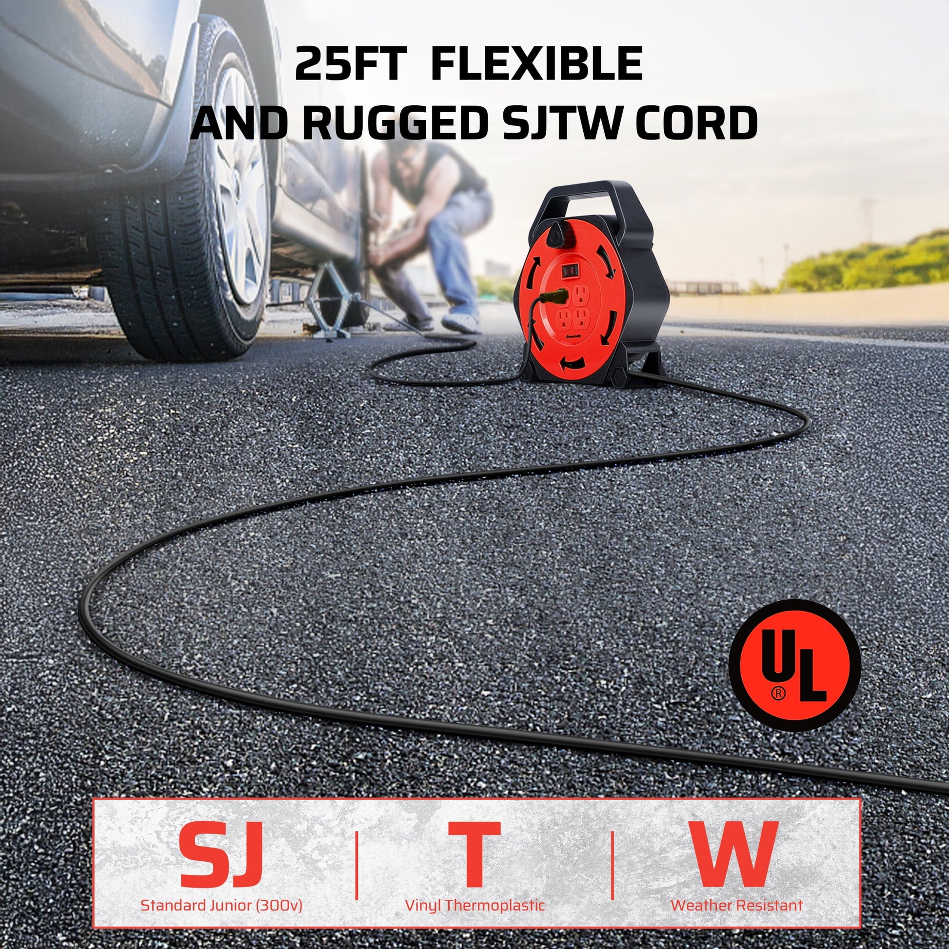 DEWENWILS Extension Cord Reel with 25 FT Power Cord, Hand Wind Retractable, 16/3 AWG SJTW, 4 Grounded Outlets, 13 Amp Circuit Breaker,Black and Red, UL Listed