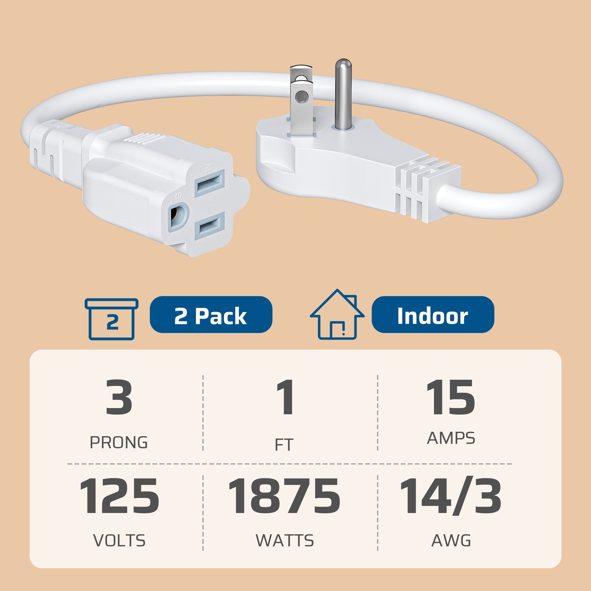 DEWENWILS 2-Pack 1ft Short Extension Cords for Indoor White Color 14/3 Gauge 3 Prong Outlet Flat Plug