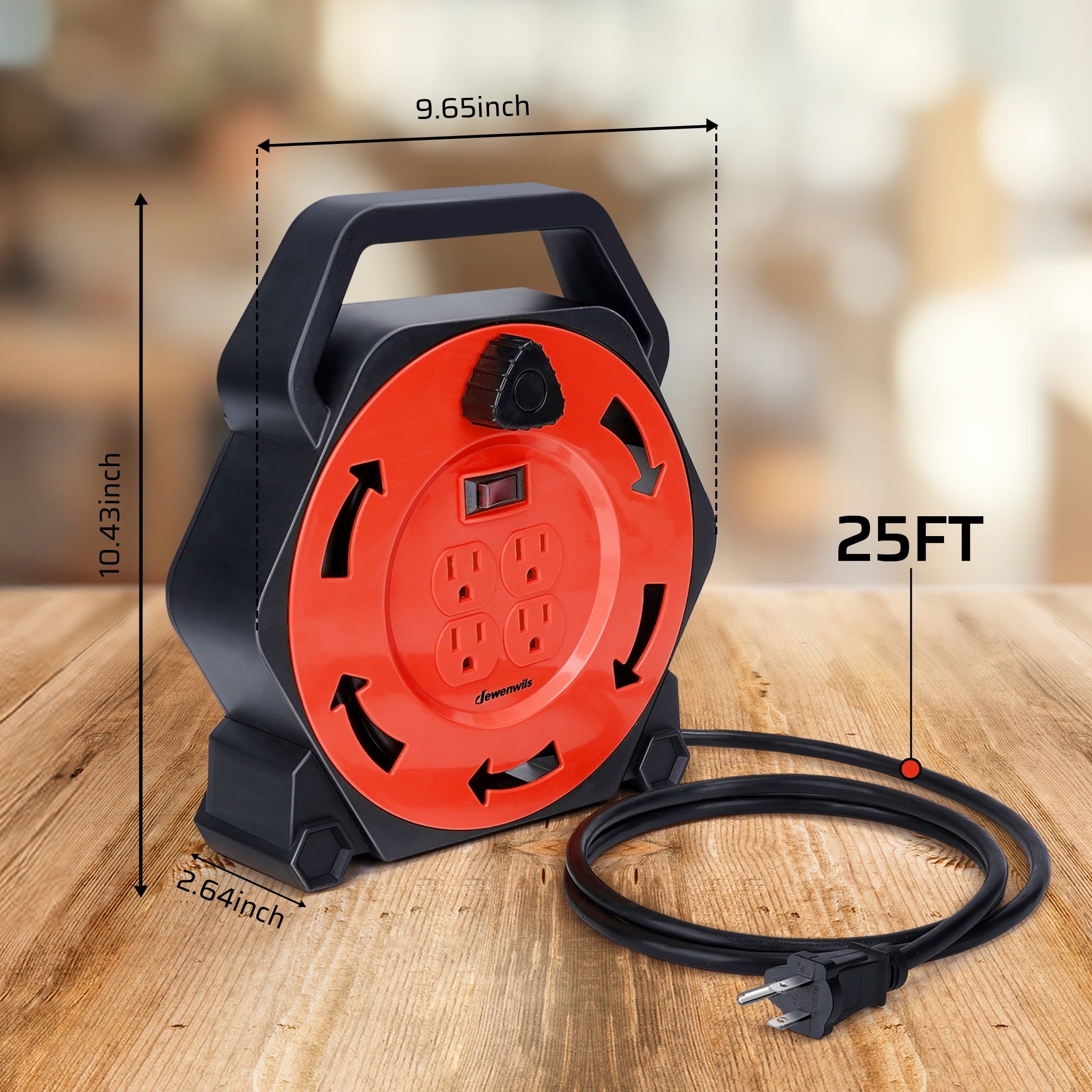 DEWENWILS Extension Cord Reel with 25 FT Power Cord, Hand Wind Retractable, 16/3 AWG SJTW, 4 Grounded Outlets, 13 Amp Circuit Breaker,Black and Red, UL Listed