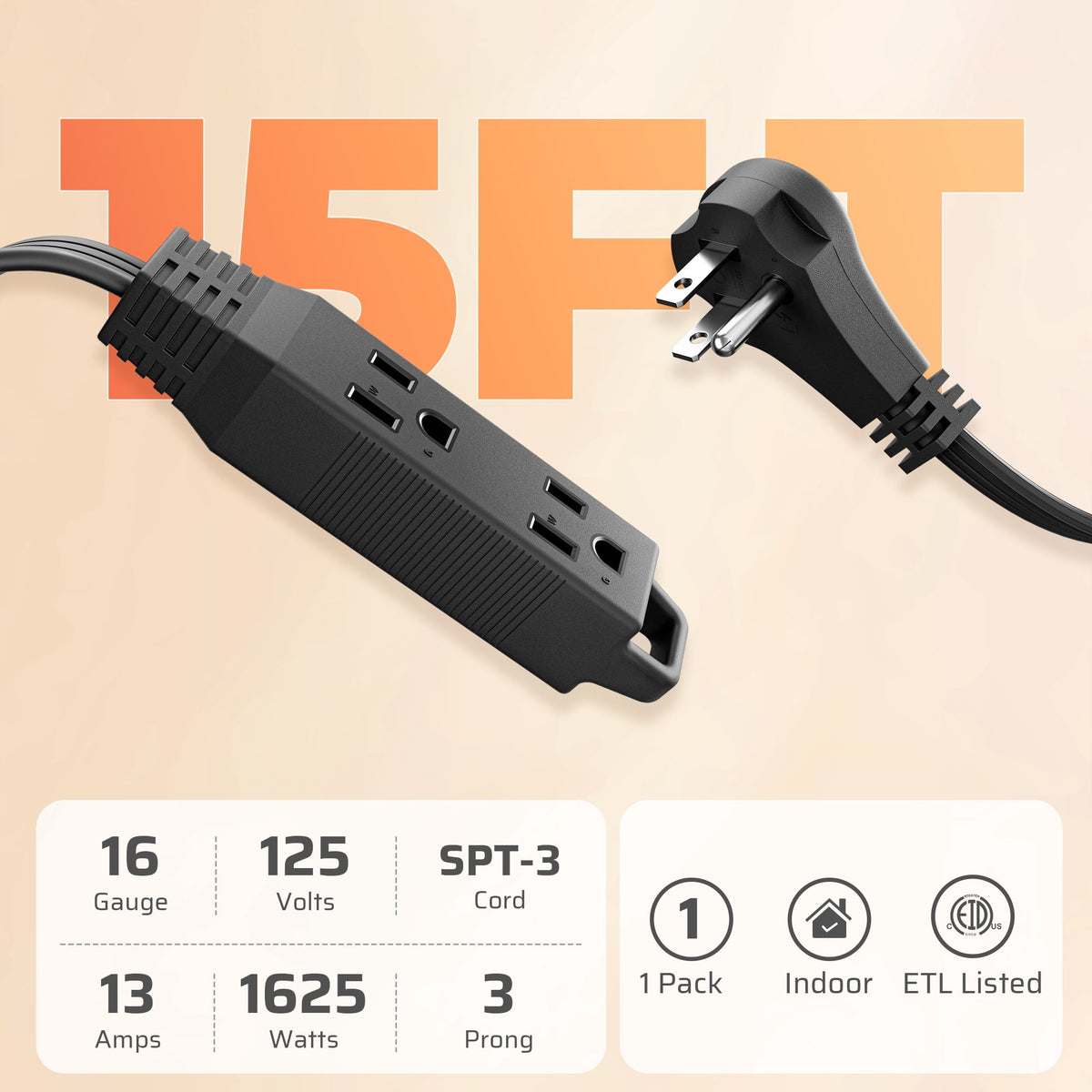 DEWENWILS 15FT Extension Cords for Indoor Flat Plug 3 Grounded Outlets with Hanging Hole