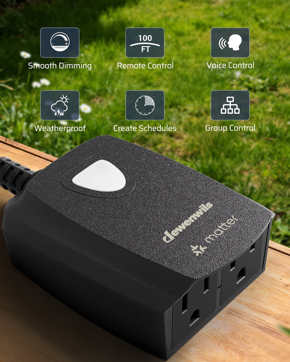 DEWENWILS Wi-Fi Matter Smart Dimmer Plug, Remote Control, 2 Grounded Outlets, Works with Alexa/Google Home, Support 200W Dimmable LED & 400W Tungsten Bulbs, Outdoor Dimmer for String Lights
