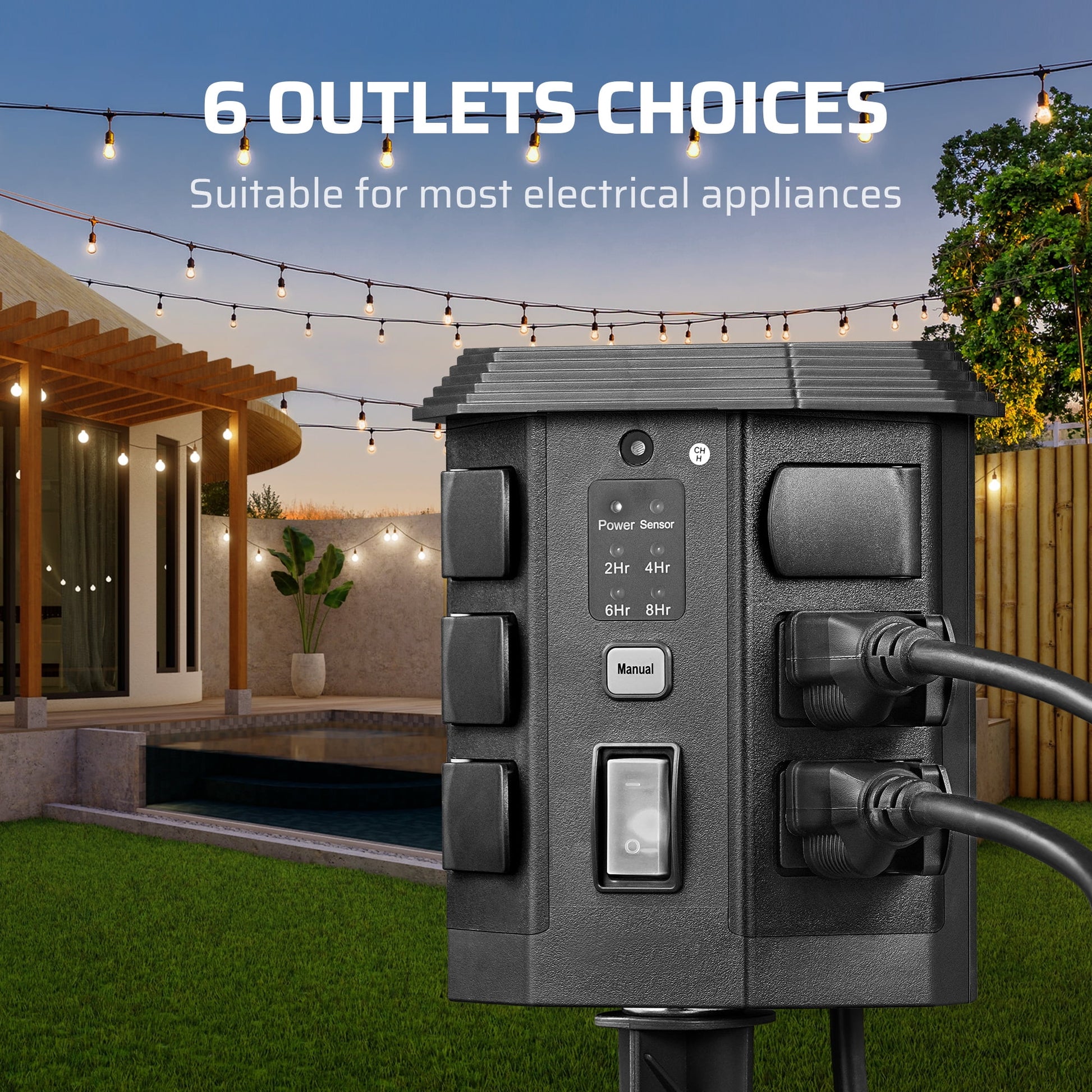 DEWENWILS Outdoor Power Stake Timer with Photocell Sensor, 6FT Extension Cord & 6 Grounded Outlets, Waterproof Outdoor Timer, Photocell Stake Timer for for Lights, Yard, Garden, UL Listed