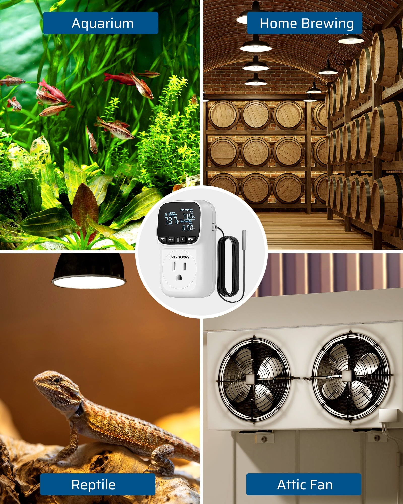 DEWENWILS Digital Temperature Controller, Heavy Duty 15A/1800W Thermostat Outlet Plug, VA Display Heating Cooling Control Timer, -40℉~210℉