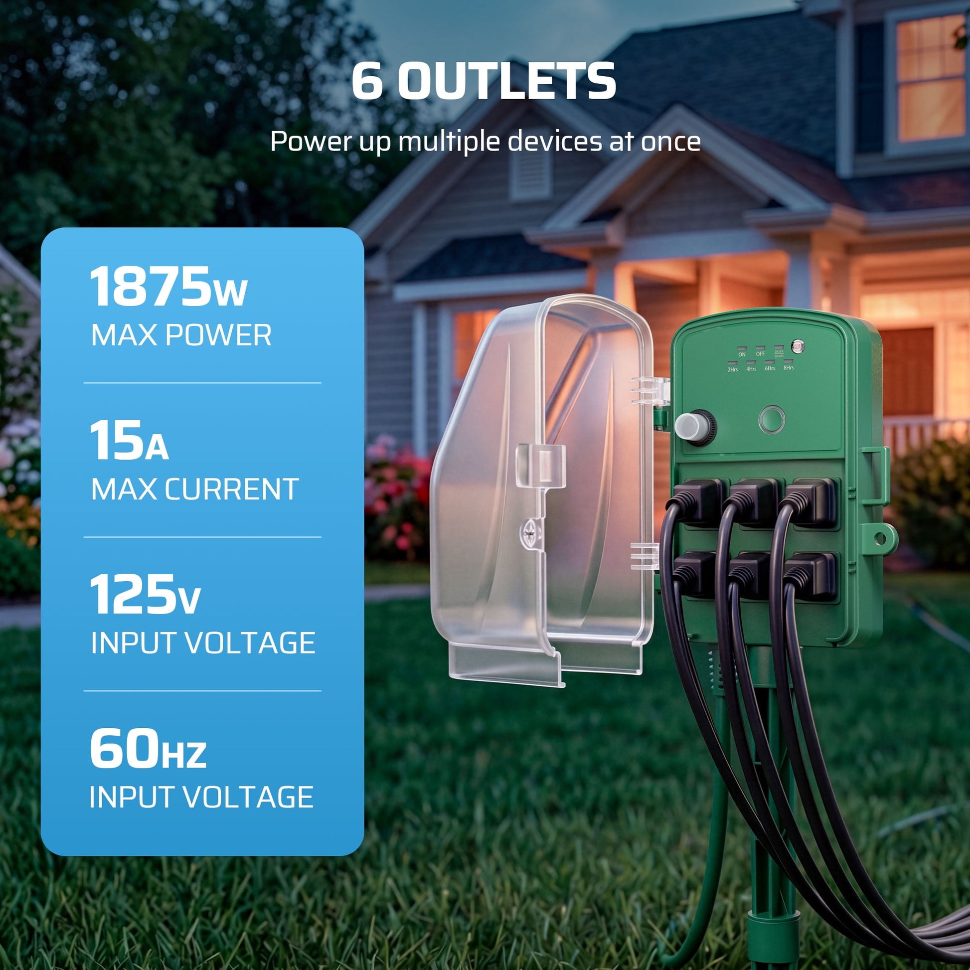 DEWENWILS 50FT Outdoor Power Stake Timer with 6 Outlets, 125VAC 15A, Light Sensor & Overload Protection, 4 Modes (Always On/Off/Photocell/Timer), Weatherproof, Green