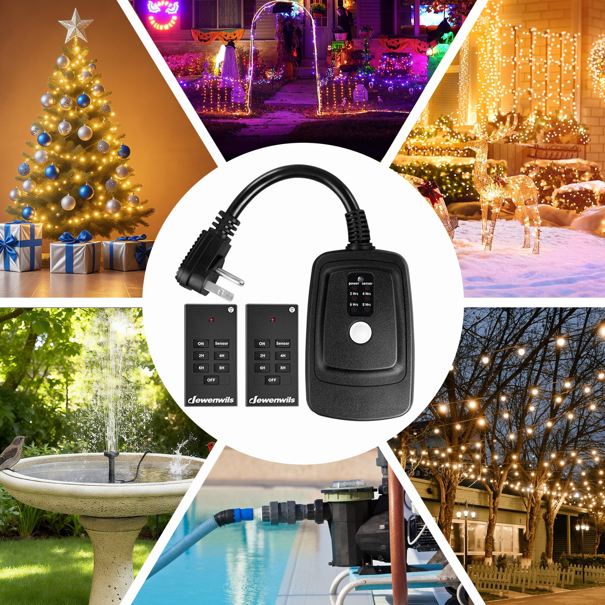DEWENWILS Outdoor Light Sensor Timer with Remote, Waterproof, Plug in Timer Switch, 100FT Range Remote Control with 2 Grounded Outlets for Outdoor String Lights, With 2 Remotes