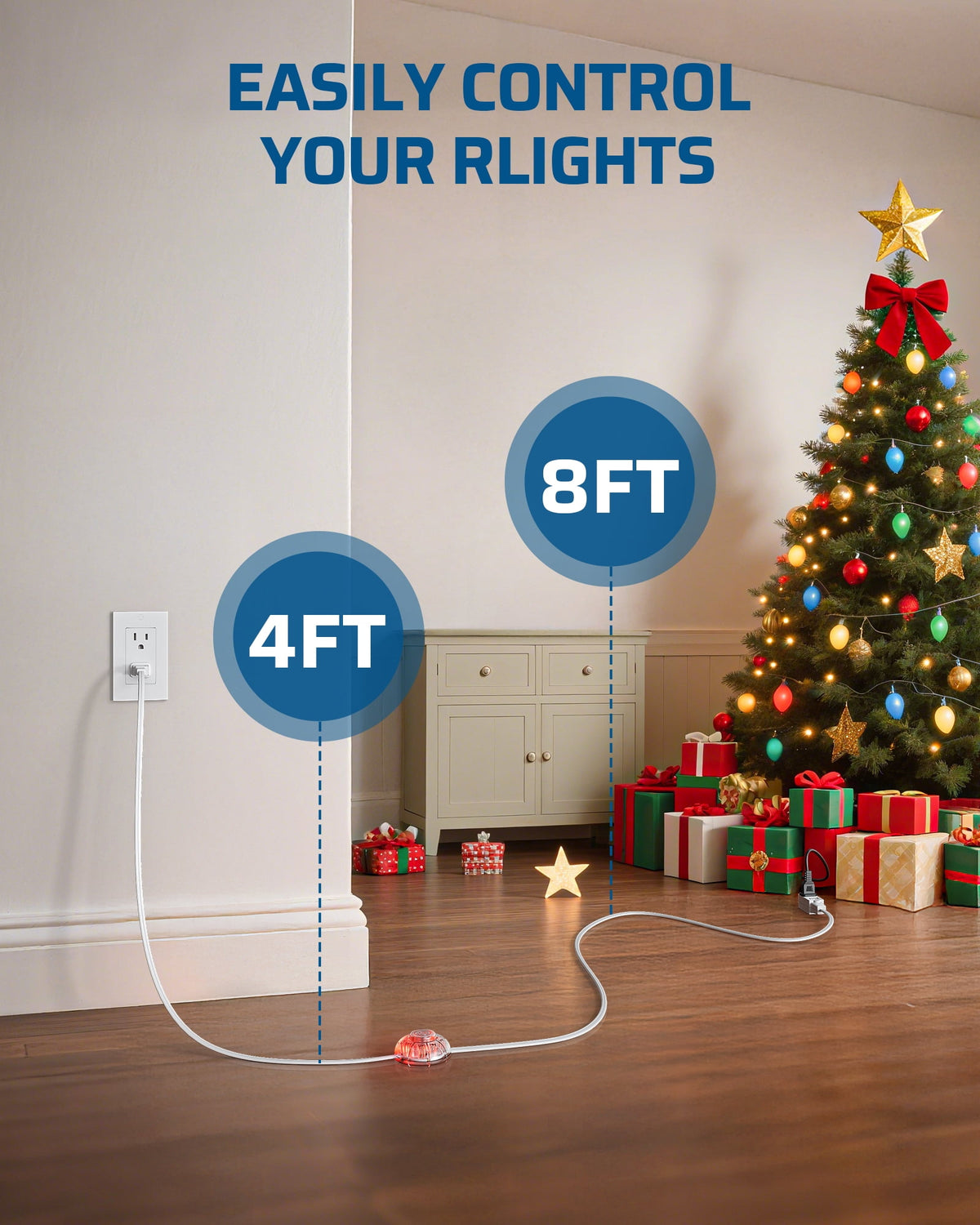 DEWENWILS 12 FT Extension Cord with Foot Switch, 2-Prong 3 Outlets, 16AWG/2C for Indoor Use, 13A/1625W Extension Cord Splitter with Lights, White