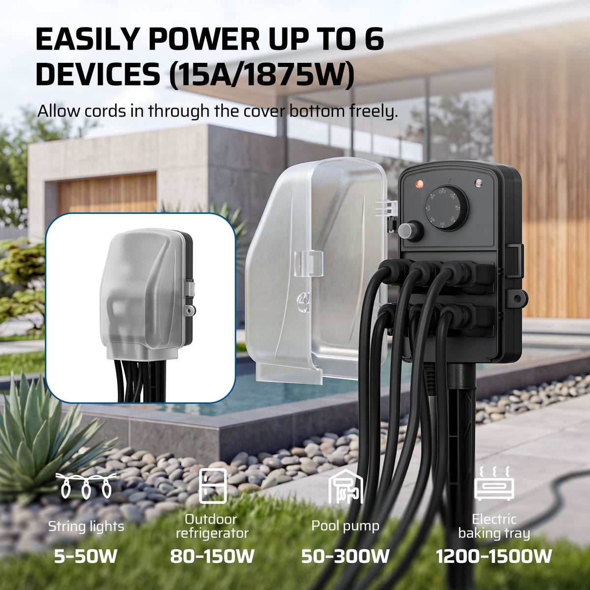 DEWENWILS Outdoor Power Stake Timer, Dusk to Dawn, 6 Grounded Outlets, 15A Mechanical Knob Control, 6FT Extension Cord, Waterproof Safety Cover, Power Strip with Timer for Outdoor Lights, Pool Pump