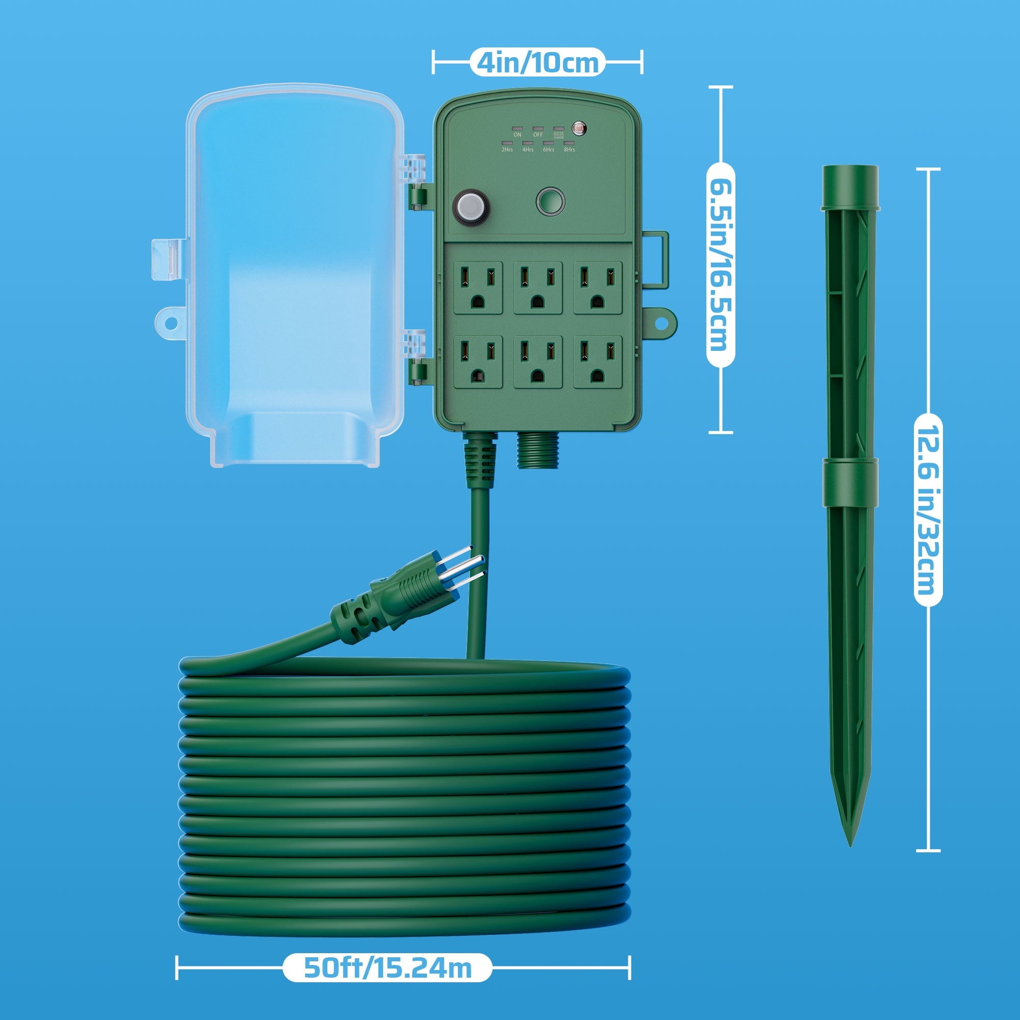 DEWENWILS 50FT Outdoor Power Stake Timer with 6 Outlets, 125VAC 15A, Light Sensor & Overload Protection, 4 Modes (Always On/Off/Photocell/Timer), Weatherproof, Green