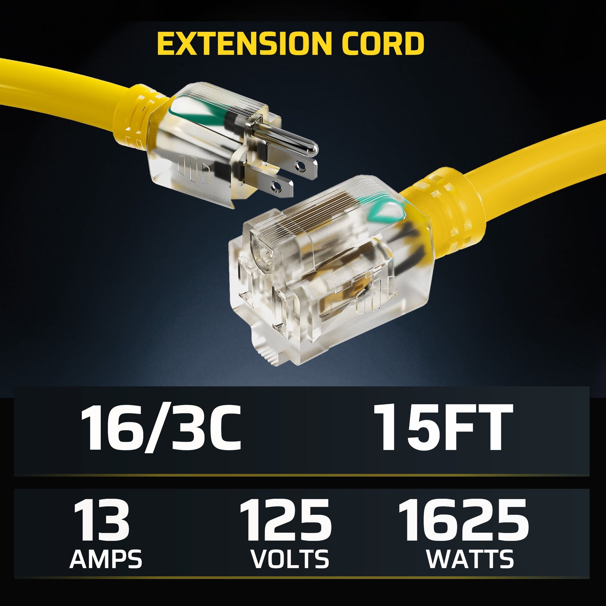 DEWENWILS 2 Pack 15ft Yellow Extension Cord 16/3 Gauge 3 Prong Outlet with Indicator Light SJTW