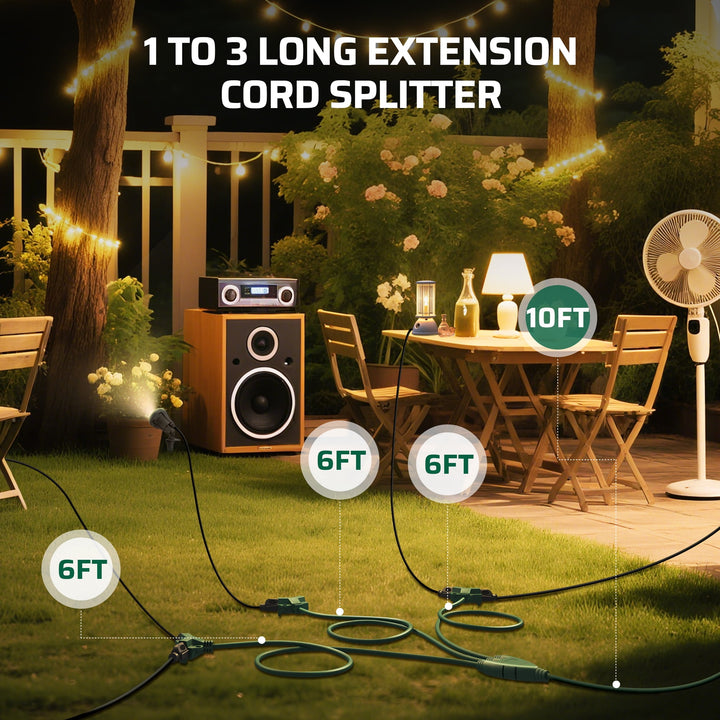 DEWENWILS 28 FT (10+6+6+6) Outdoor Extension Cord for Outside with Multiple Outlets, Extension Cord Outdoor for Halloween Christmas Lights, 16 AWG SJTW